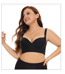 Close-up of black smooth deep-V longline wired bra with wide wings and full cup support