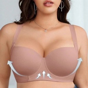 Detail of nude seamless full cup bra with supportive straps and lift-up design
