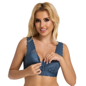 Blue-grey lace front closure bra with floral patterns and scalloped edges for women