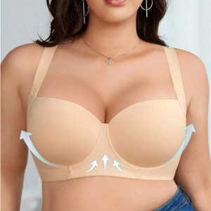 Detail of seamless full cup bra with wide straps showing side support and lift effect