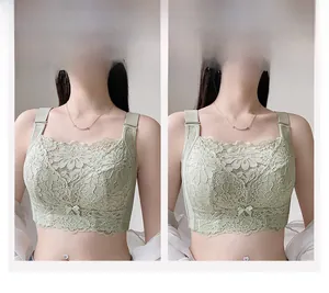 Detail of light green full coverage lace bralette with secure floral neckline