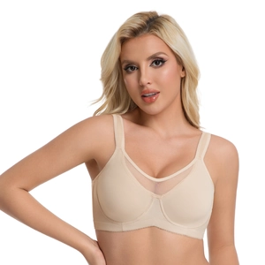 Detail of plus size beige bra with V-shaped sheer mesh panel and wide shoulder straps