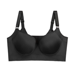 Seamless full coverage black bra with wide adjustable straps and supportive underband