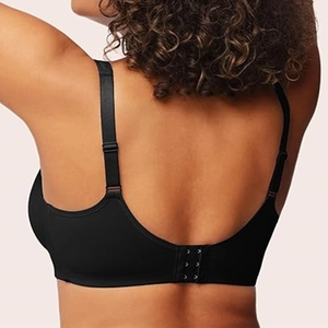Detailed back view of a black plus-size bra featuring adjustable straps and three-row hooks