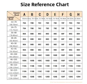 Size chart showing underbust and cup sizes A to H for large size wireless lace bras