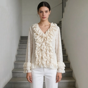 Close-up of ruffled collar and lace jacquard texture on French style cream blouse