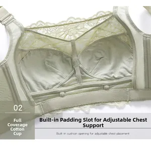 Detail of green full coverage bra with breathable cotton lining and removable padding