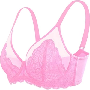 French style sexy lace bra in bright pink with sheer mesh and scalloped edges