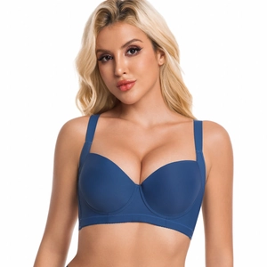 Full coverage deep blue push-up bra with wide side wings for extra support and comfort