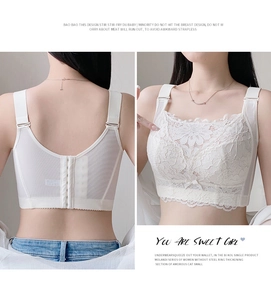 Detailed view of cream lace bra with wide straps and breathable mesh back panel