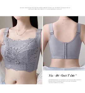 Detail of grey floral lace wireless bra with side smoothing and back closure design