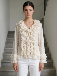 French Casual Ruffle V Neck Long Sleeve Blouse For Women Elegant Textured Solid Color Shirt Spring Summer Fashion Top