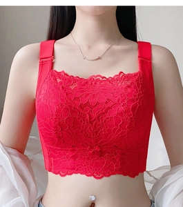 Detail of red floral lace full cup bra with bow decoration and adjustable straps
