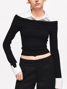 Maglione da Donna alla Moda con Spalle Scoperte Finto Due Pezzi Giunzione Slim Fit Blocchi di Colore Top in Maglia a Maniche Lunghe Elegante Casual Blusa