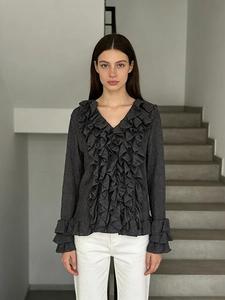Elegant dark grey V-neck blouse with tiered ruffles and textured fabric for women