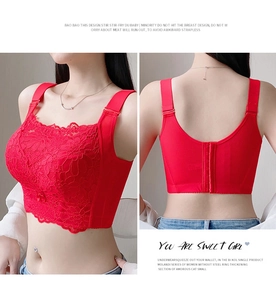 Close-up of red lace bra featuring floral patterns and wide supportive back straps