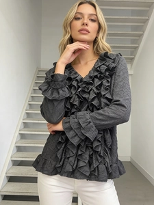 French style charcoal grey ruffled blouse with textured fabric and V-neckline for women