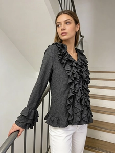 French retro dark grey ruffled long-sleeve blouse with unique pleated texture for women