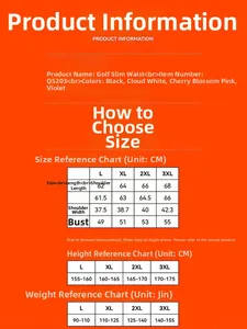 Detailed size chart for slim fit golf down jacket showing dimensions and weight guide