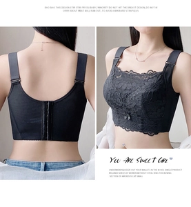 Detailed views of a black lace full coverage bralette with wide straps and side support