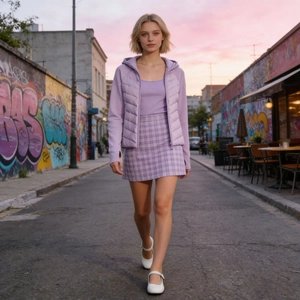 Close-up of lavender quilted hooded jacket and matching purple plaid pleated skirt set