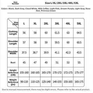 Detailed size chart for women's slim down jacket covering sizes L to 5XL with dimensions