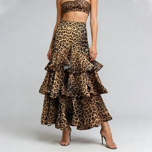 Detail of multi-layered tiered leopard print maxi skirt showing flowy fabric and bold pattern