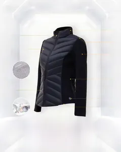 Detail view of slim fit down jacket featuring YKK zipper and quilted stitching design