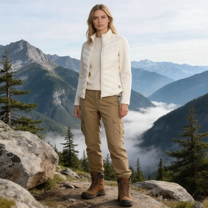 Close-up of cream quilted vest and khaki cargo pants with professional hiking boots