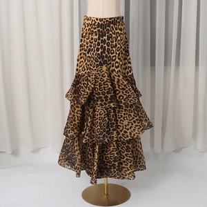 Detail of leopard print tiered maxi skirt with ruffled layers and elastic waistband