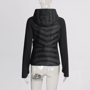 Rear view of a black slim-fit hooded down jacket with hybrid quilted stitching detail