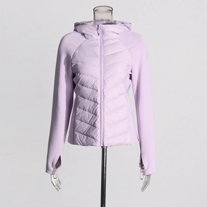 Detail view of light purple slim-fit hooded jacket with thumbhole cuffs and zip-up design