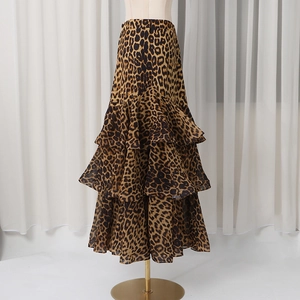 Detail view of the layered leopard print tiered maxi skirt with pleated ruffles