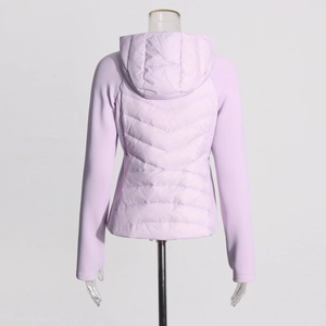 Rear view of lavender slim fit hooded down jacket featuring V-shaped quilting detail