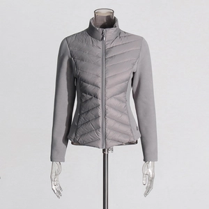 Detailed front view of grey slim-fit down jacket with V-shaped quilting and stand collar