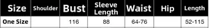 Size chart with measurements for the V-neck long sleeve top showing bust and length