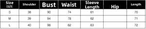 Detailed size chart with shoulder, bust, waist, and length measurements in cm