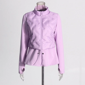 Detail of light purple slim jacket showing quilted texture and peplum drawstring hem