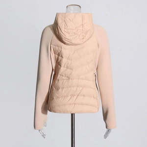 Rear view of slim fit light pink hooded puffer jacket with unique wave quilting detail