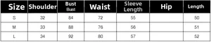 Size chart table for women's slim fit shirt showing S to L measurements in cm
