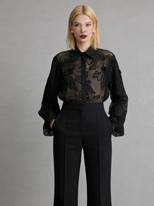 Chemise en Mesh Brodé Floral Élégante pour Femmes Blouse à Revers Manches Longues Top en Dentelle Transparente