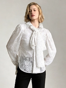 Chemisier Élégant en Dentelle Florale Française Femmes Vintage Nœud Manches Bouffantes Manches Longues Chemise Transparente