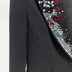 Close-up of sparkling colorful rhinestones on a black tailored blazer lapel