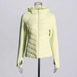 Detail of slim fit hooded down jacket featuring V-shaped quilting and thumbhole sleeve cuffs