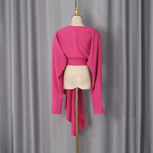 Detail of rose red cropped top with extra long wide sleeves and waist tie design