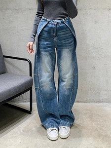 Jeans da Donna a Vita Alta a Gamba Larga con Vita Sovrapposta in Denim Blu Lavato Taglio Dritto Casual Fashion