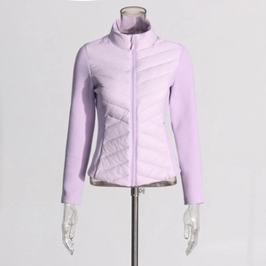Detail of lavender lightweight quilted jacket featuring a stand collar and V-shaped stitching
