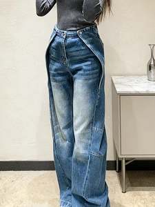 Jeans dritti da donna blu medio con esclusiva fascia in vita a doppio strato in stile