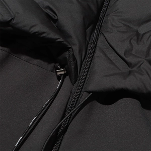 Macro view of a slim down jacket showing black zipper and adjustable elastic drawstring