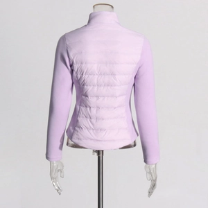 Detail view of the lavender quilted back and stretch side panels of the slim-fit jacket